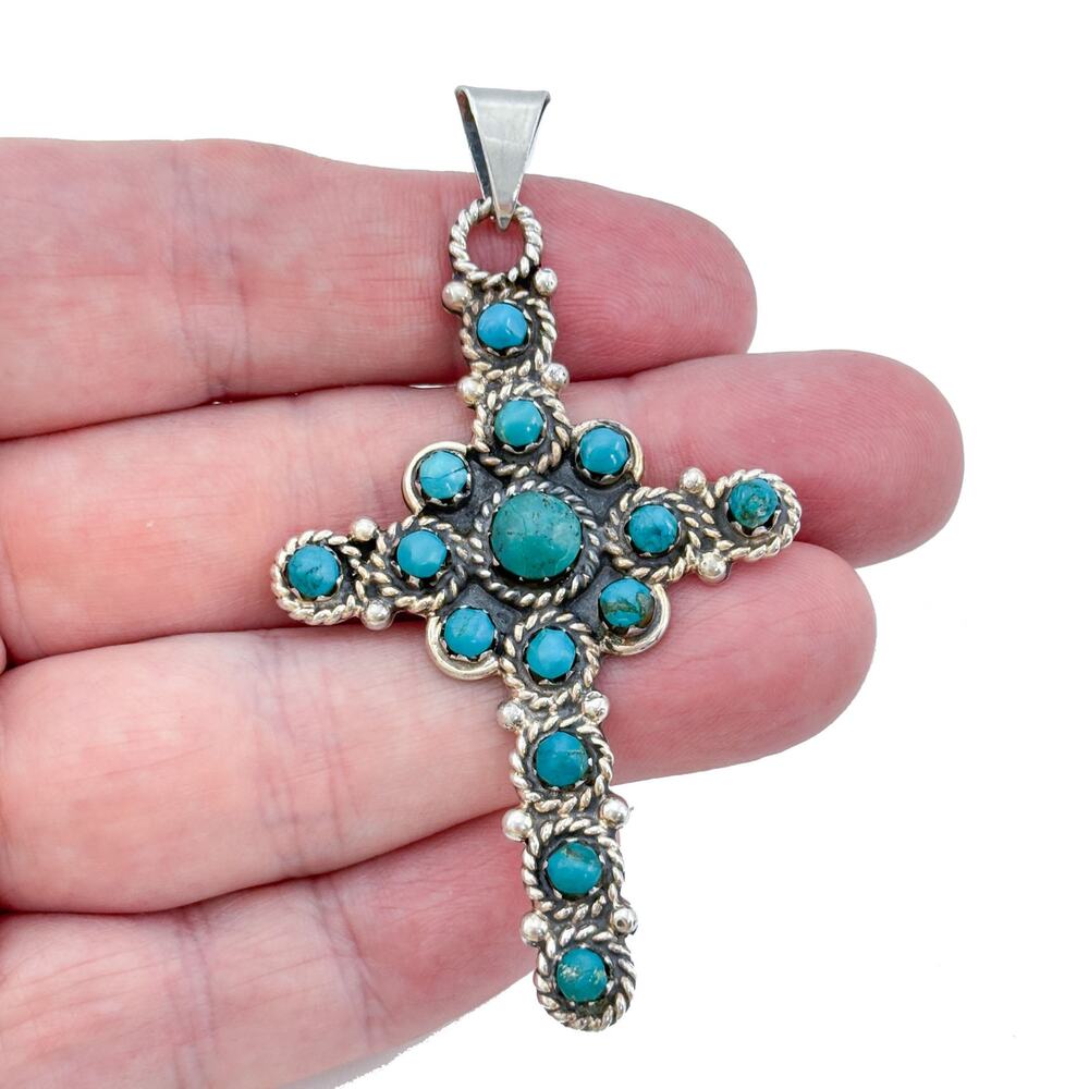 Vintage Mexican Taxco Sterling Silver 925 Turquoise Cross Pendant